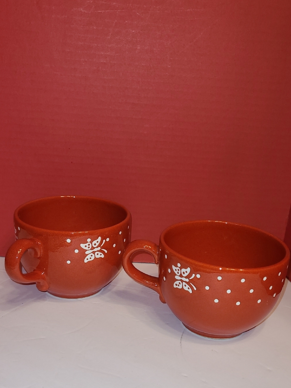 Waechtersbach Red Ceramic Tea Cups with White Butterfly Accents - Set of 2